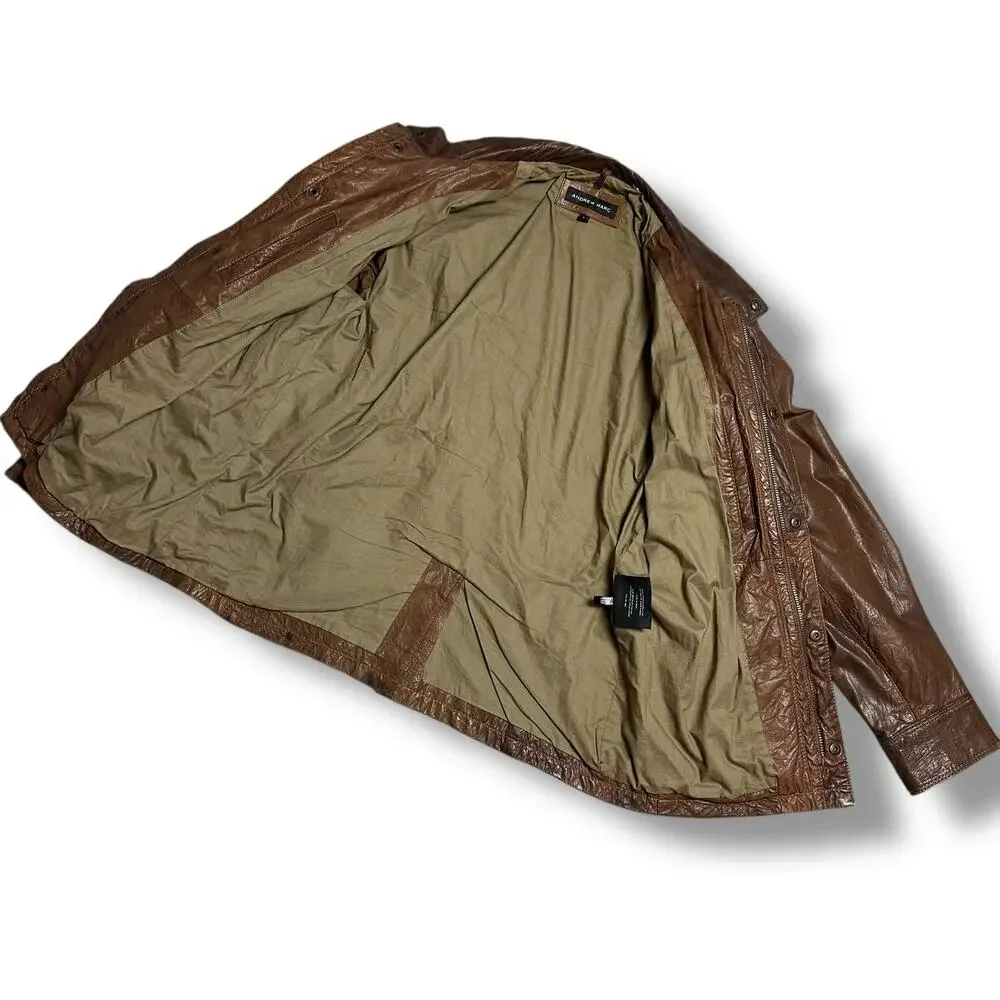 Andrew Marc Brown Leather Utility Moto Chore Jacket Mackinaw Style Sz L - Picture 3 of 10